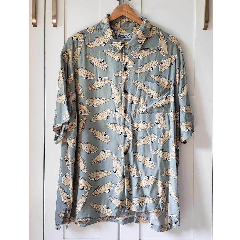 Utility Shirt Mens XL Green Button Up Cream Retro Car Print Short Sleeve Casual